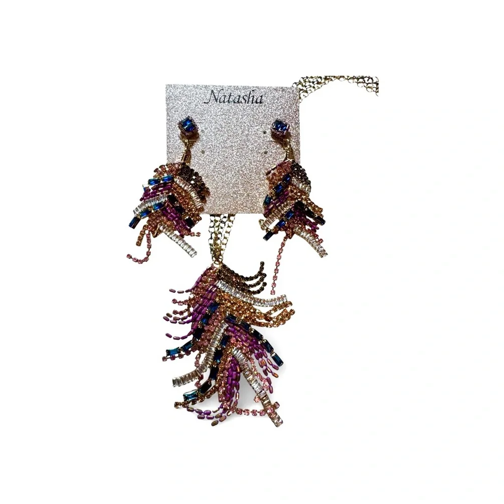 Natasha Couture Purple and Gold Beaded Feather Necklace:Earring Set, NWT - Picture 5 of 7